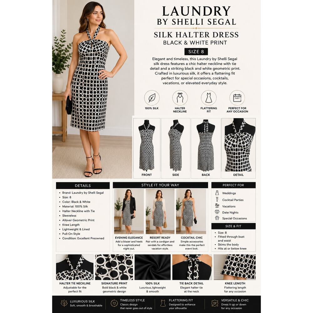 Laundry Shelli Segal Silk Halter Dress Womens 8 Black White Print Cocktail